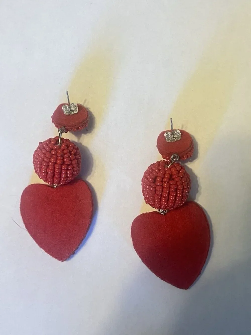 Red Seed Bead Heart Statement Earrings Large Dangle Drop Valentine Boho